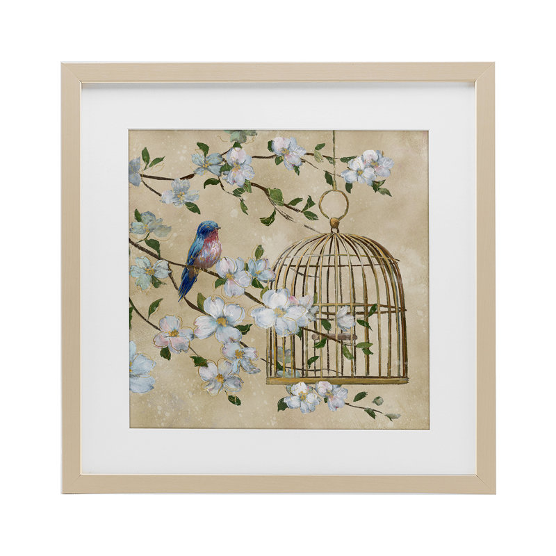 «Evening Song Birdcage Over Beige», reproduction sous verre encadrée, design par Nan, H 13 po x l 13 po