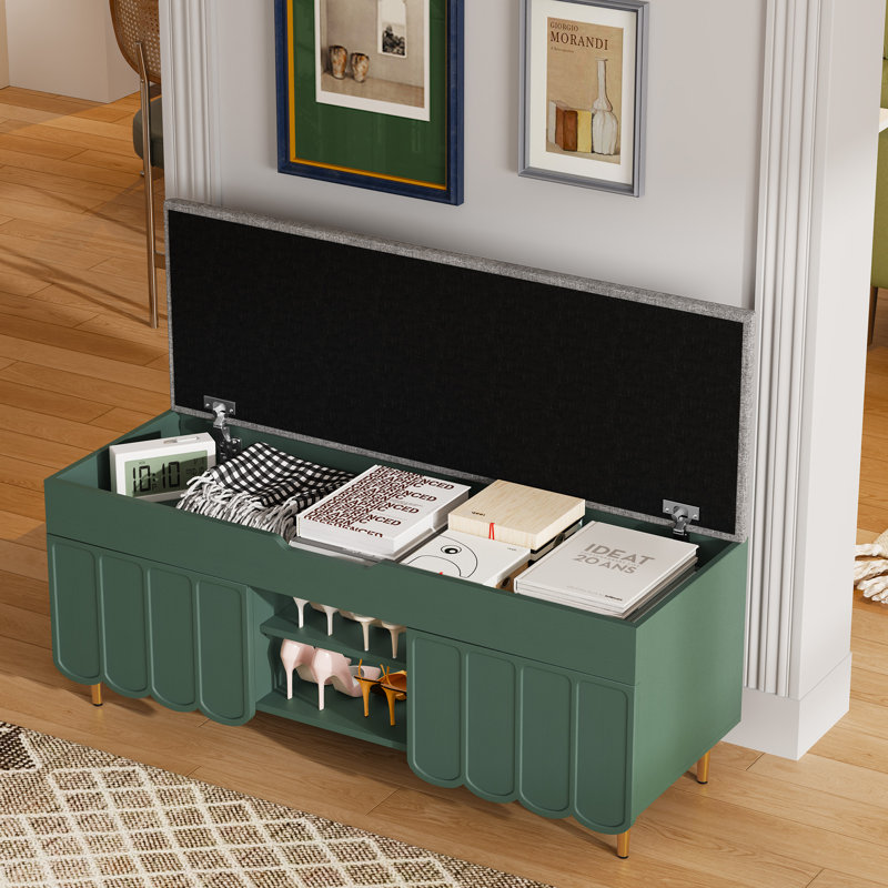 40" Entryway Bench With Cushionand And Hidden Storage Space, Green