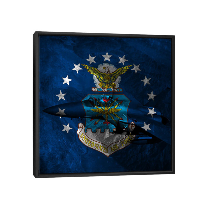 «Air-Force Flag», F-15, impression sur toile, H 18 po x l 18 po x P 1,5 po, Toile avec cadre noir, Pas de tapis