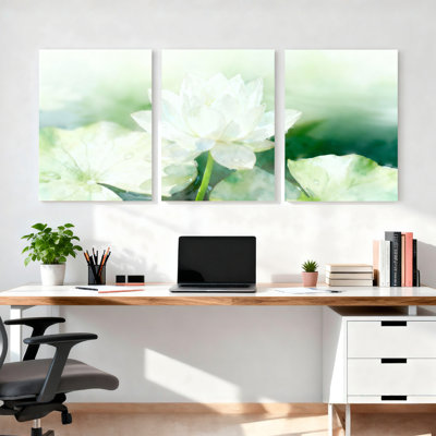 «White Lotus Flower Nature Landscape», ensemble de 3 reproductions d'art sur toile tendues sur toile