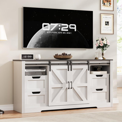 Farmhouse TV Stand for Up to 70 Inch TVs, 66" Large Entertainment Center Console Table with Sliding Barn Doors, 4 Drawers, Adjustable Shelf, Rustic Media Cabinet for Living Room, Bedroom