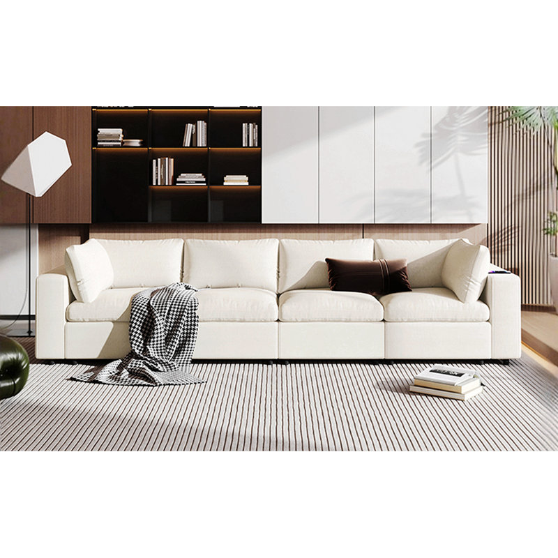 Upholstered Modular Sofa With Storage Space, USB/Wireless Charging & Bluetooth Speaker In Arm, Beige Polyester