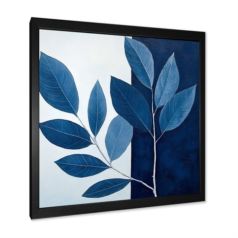 Blue Indigo Leaves Harmony I, Cadre simple noir, H 16 po x l 16 po x P 1 po