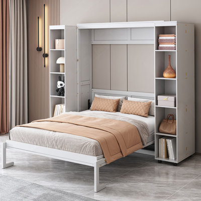 Grand lit escamotable mural avec portes de rangement, blanc