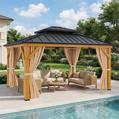 Pavillon de jardin en bois massif l 15 pi x P 13 pi avec toit rigide double et rideaux