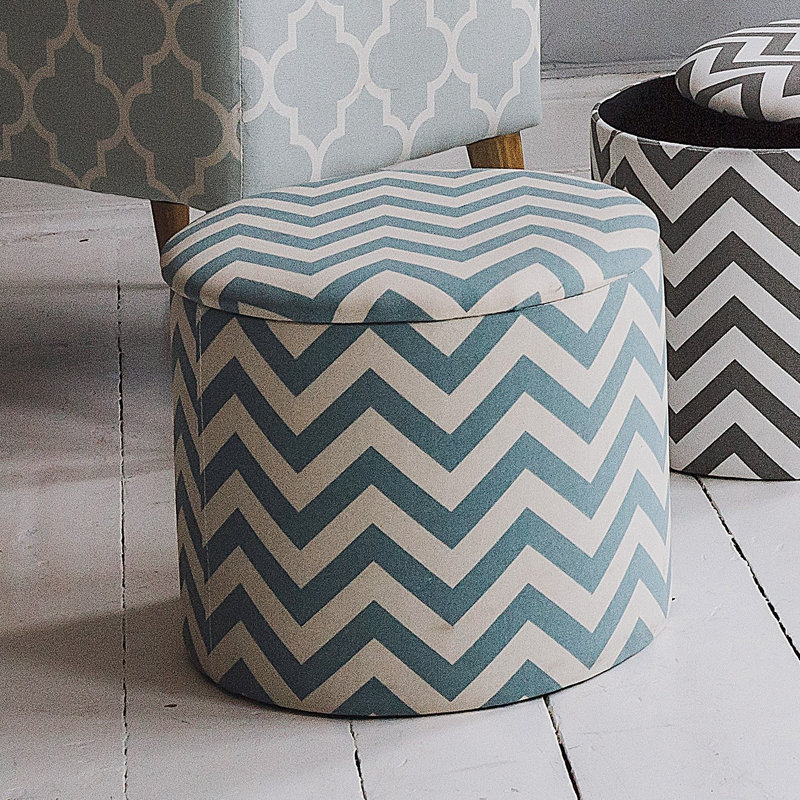 35cm Wide Round Chevron Cube Ottoman with Storage, Blue and white
