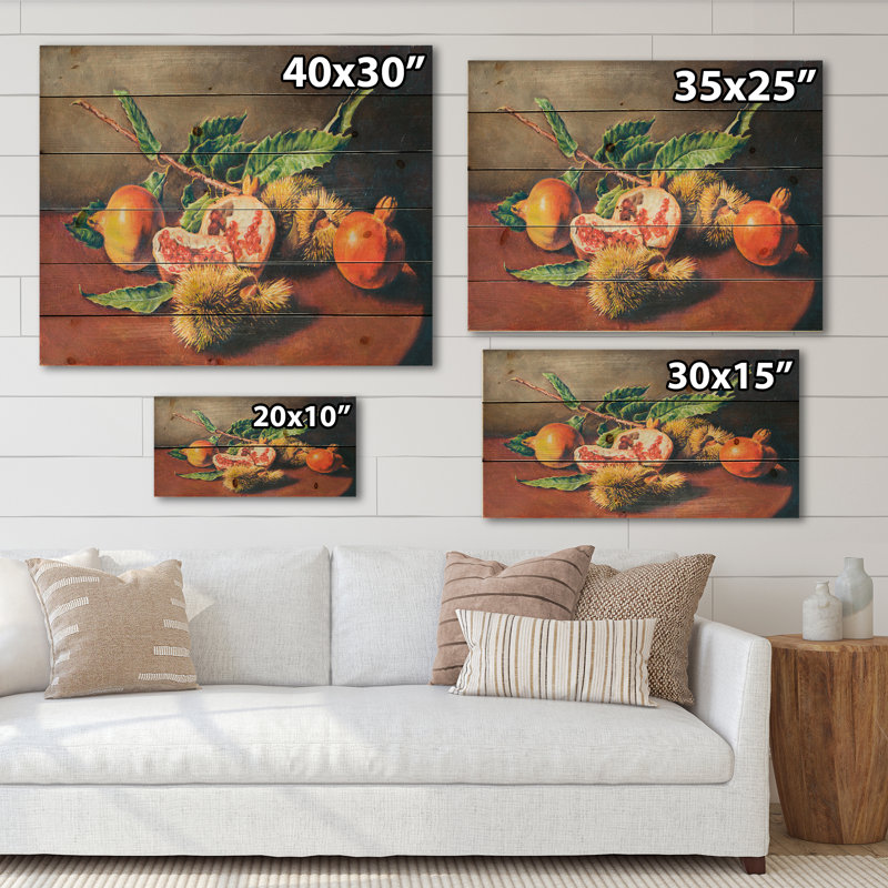 Nature morte rétro de fruits orange - impression traditionnelle sur bois de pin naturel, H 15 po x l 30 po x P 0,78 po