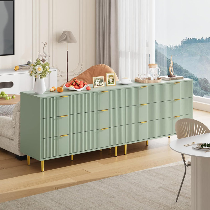 Fluted Dresser for Bedroom, Wooden Closet Clothes Storage Organizer for Living Room, Hallway, Green/6 Drawers