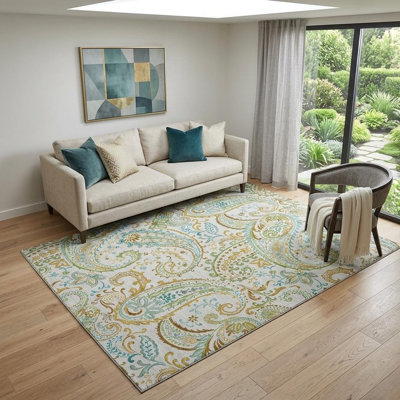 Tapis délavé à motif cachemire ivoire et bleu 5 pi x 8 pi avec protection UV