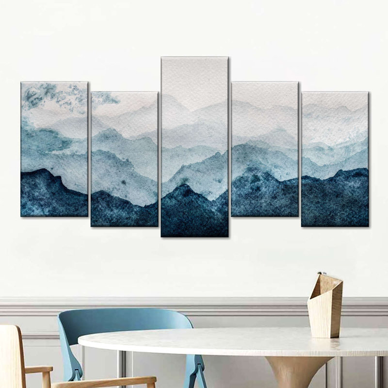 Paysage de montagne japonais abstrait - peinture sur toile tendue 5 pièces, 33" H x 66" W