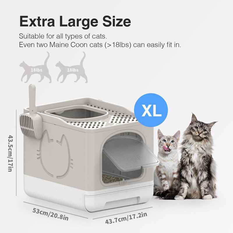 Litière pliable pour chat avec toilette anti-éclaboussures, Beige / blanc