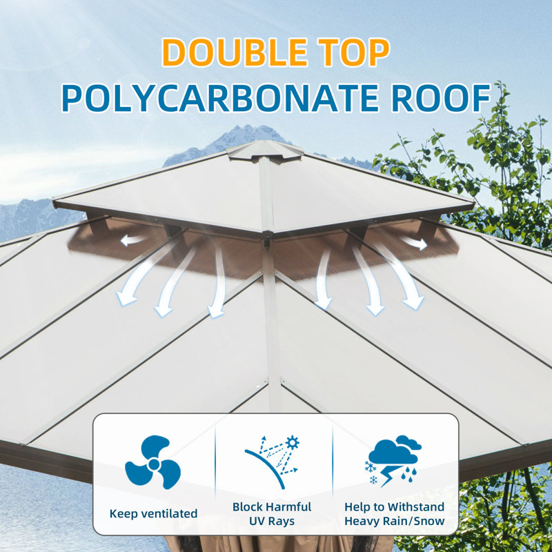 Aluminum Patio Gazebo Permanent Double Polycarbonate Roof Canopy, 12 ft x 12 ft, Brown