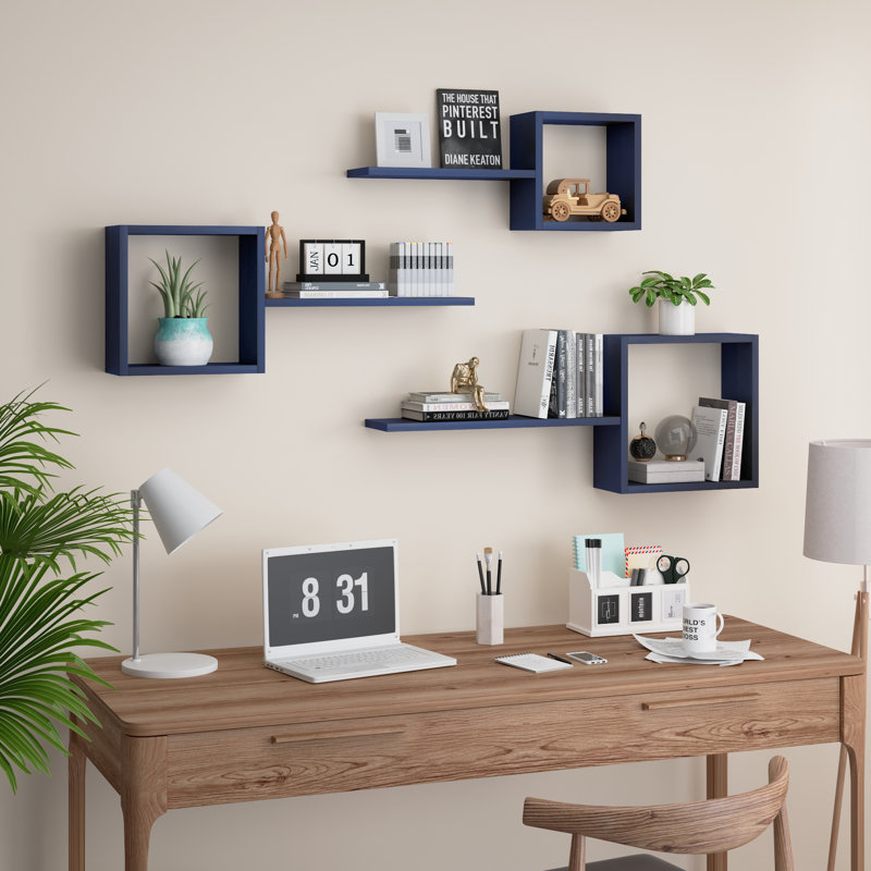 Tablettes flottantes en bois à fixation murale, Bleu