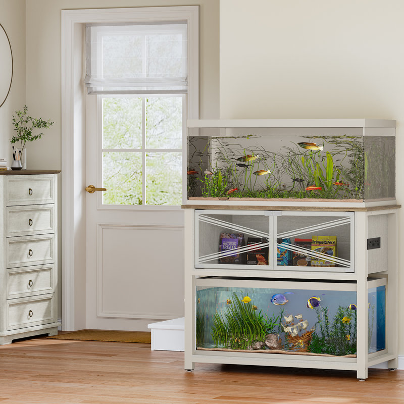 White Heavy Duty Metal Aquarium Stand with Storage Cabinet and LED Light