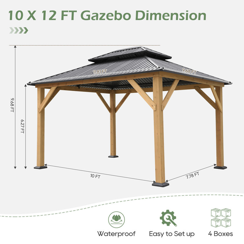 10 FT x 12 FT Solid Wood Patio Gazebo with 2-Tier Steel Ventilation Hardtop
