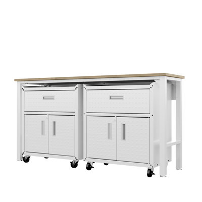 Fortress 72" W Workbench and 2 Mobile Garage Cabinets in White