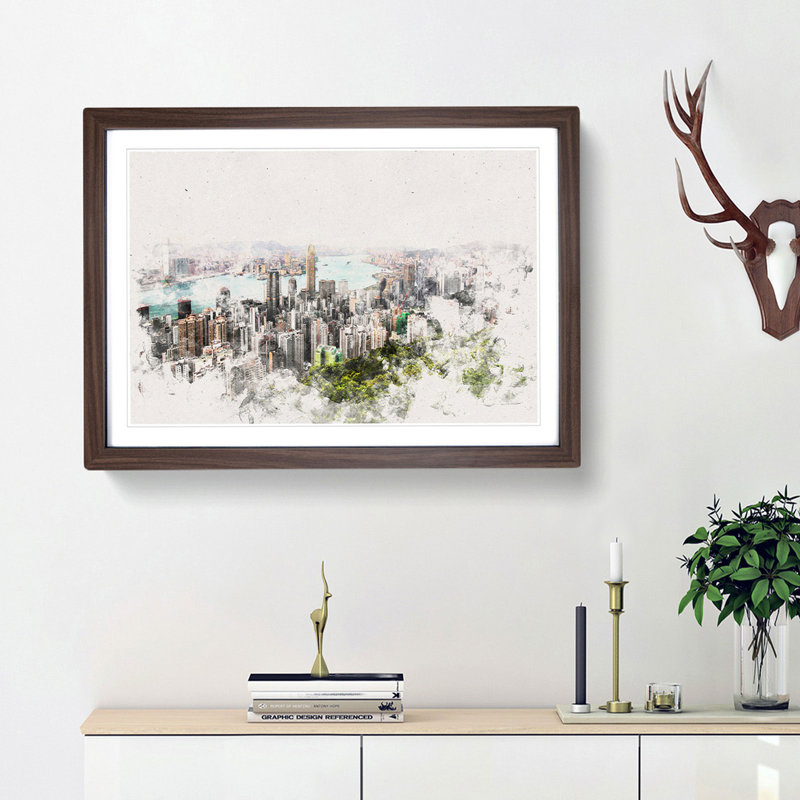 Hong Kong Skyline - Picture Frame Painting Print, 36cm H x 48cm W x 2cm D, Walnut Framed