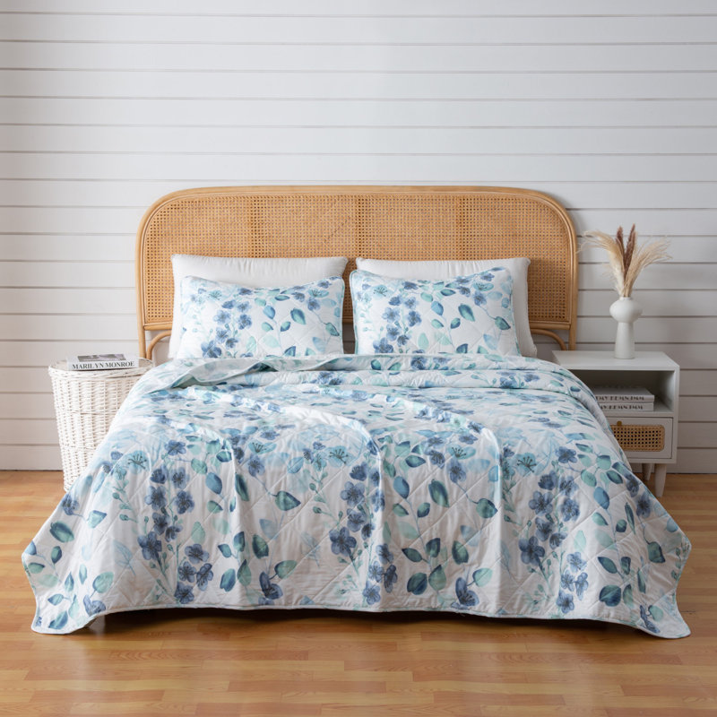 Ensemble de courtepointe réversible en coton bleu Paladora, Courtepointe très grand et 2 très grandes taies 