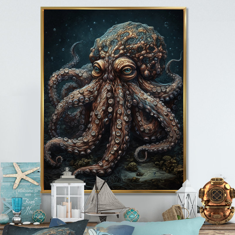 «Brown Octopus Under The Sea - Octopus», reproduction d'art sur toile encadrée, H 40 po x l 30 po, Cadre flottant doré