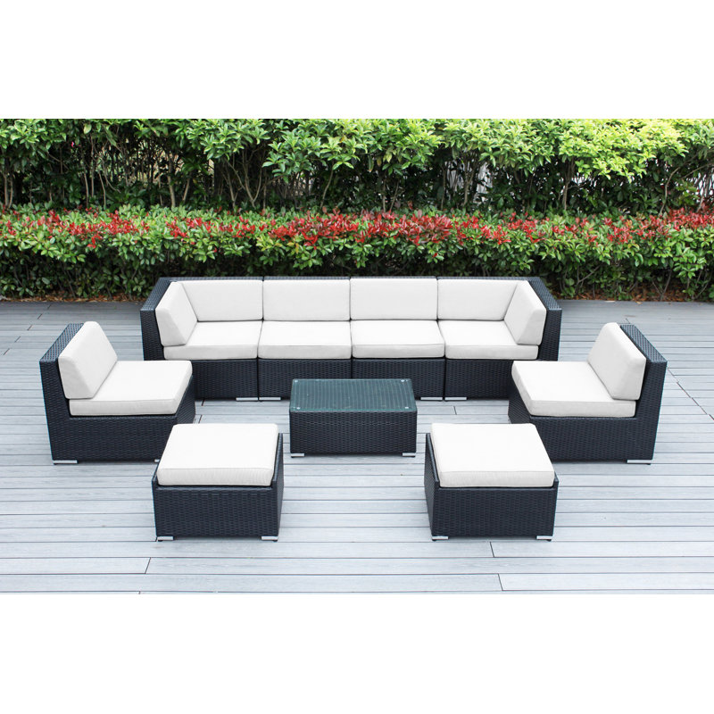 Ensemble de conversation en osier pour 8 personnes avec coussins - aucun assemblage, Noir, Toile Sunbrella® naturel