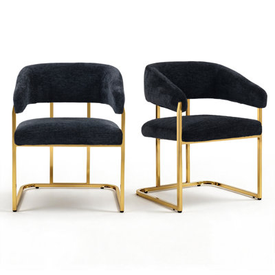 Modern 22" Seat Wide Metal Frame Chenille Upholstered Armchair Dining Chair Set of 2 (Black)