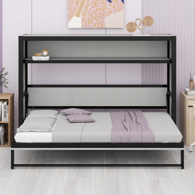 Murphy Bed With Shelves, Metal Wall Bed With Foldable And Space-Saving Design