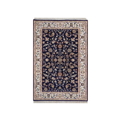 Tapis bleu minuit 2 pi 9 po x 4 pi 1 po Nain avec motif de fleurs partout, velours doux, laine et soie, 250 KPSI, noué à la main, échantillon, tapis, tapis oriental