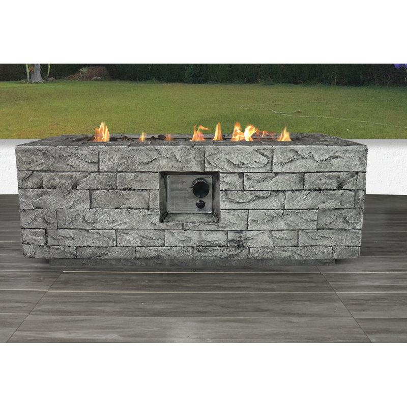 Gray Fiber Concrete Gas Fire Pit Table with Stone Finish