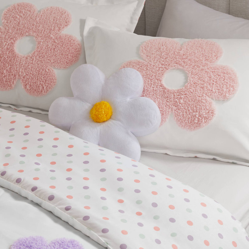 Gracie Floral Reversible Tufted Chenille Set with Flower, Full/Queen Comforter + 2 Shams + 1 Throw Pillow, White/Purple