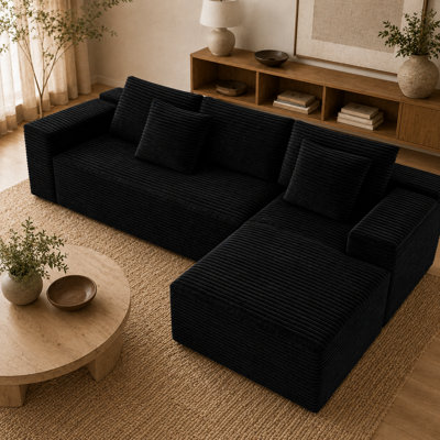 2-Piece No-Assembly Corduroy Sofa Set – 104.3" x 68.9" Black Upholstered Modular Sectional, Suitable for Apartments, Living Rooms, and Bedrooms