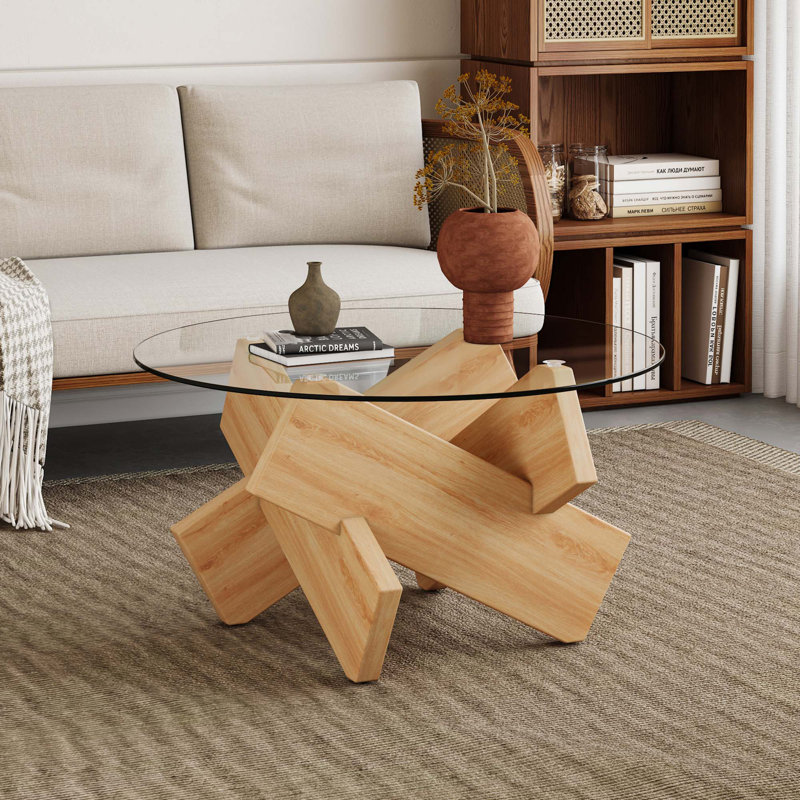 Table basse ronde en verre, comptoir en verre trempé avec pieds en panneau de fibres à densité moyenne à motif blanc. Convient aux salons et aux salles à manger