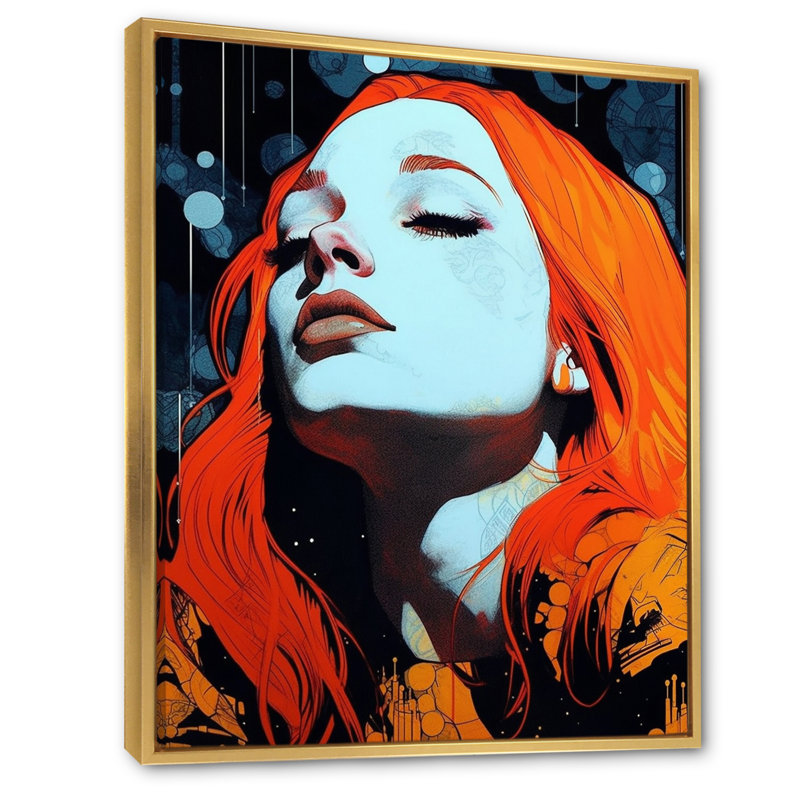 Illustration rétro d'une belle rousse rêveuse, H 32 po x l 24 po x P 1 po, Cadre flottant doré