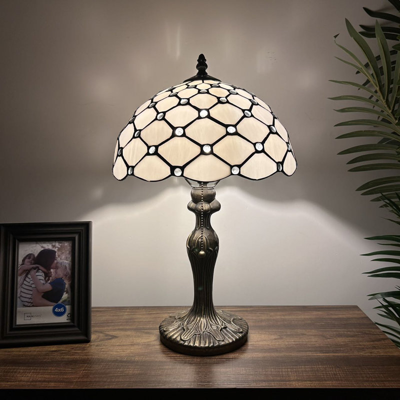 Varga Tiffany Table Lamp White Stained Glass Crystal Beans LED Bulb Included 12"W*12"D*19"H