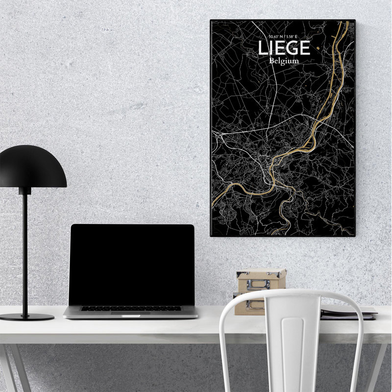 «Liege City Map», impression, H 36 po x l 24 po, Noir / or