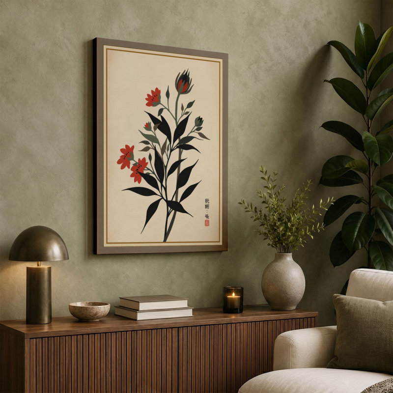 Flowering Stem Study Botanical - Wrapped Canvas, 36x24 - 91.4 x 61.0 cm, Terracotta Border