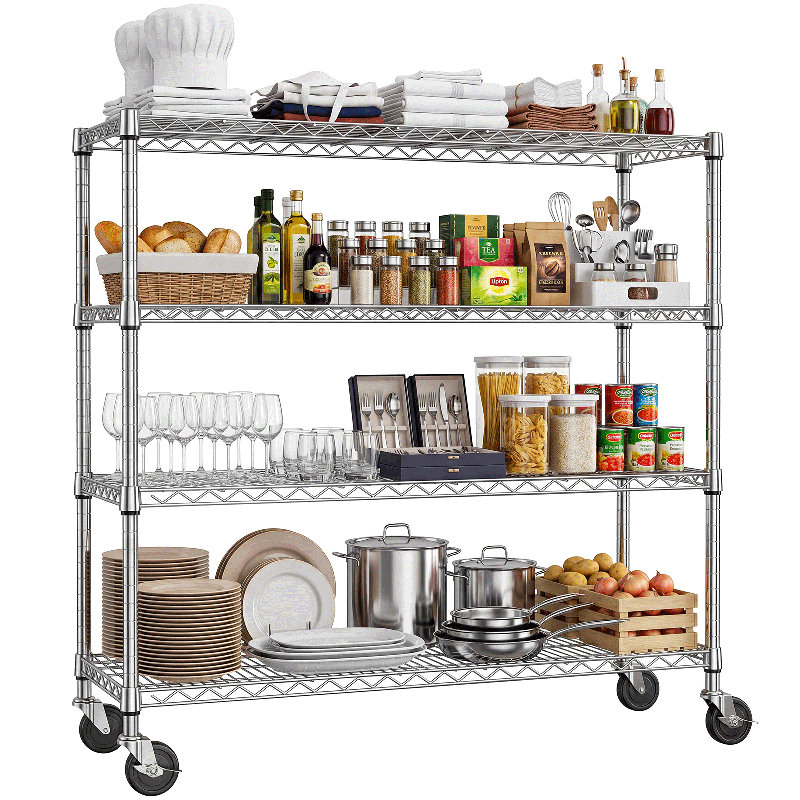 Étagère mobile à 4 niveaux en fil métallique de 119 cm (47 po), avec étagères réglables et roulettes verrouillables, idéale pour le garde-manger, le garage, la buanderie et le cellier, finition chromée.