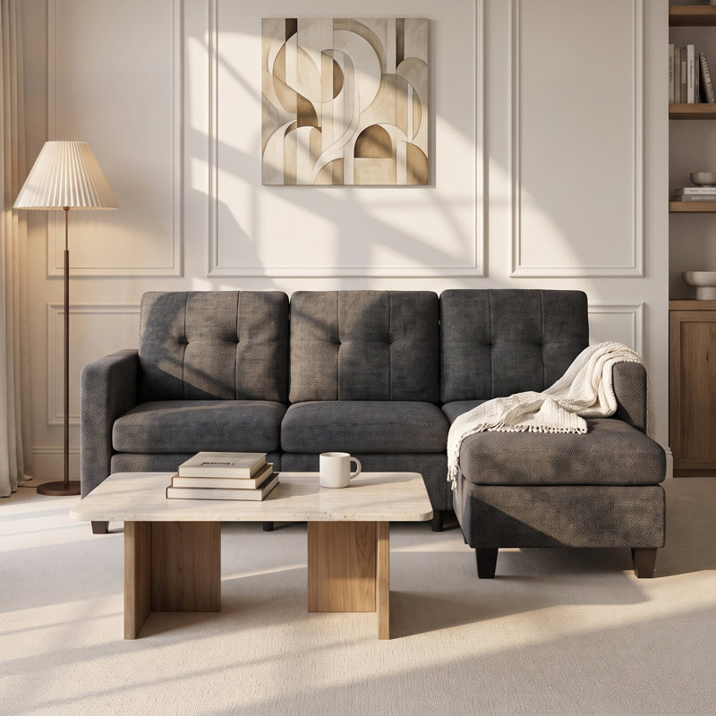 196cm 3 Seater Sofa, Wide L-shaped Sofa Couch, Upholstered Sleeper with Armrests, DeepGray Linen