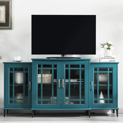 Buffet bleu turquoise de 157 cm (62 po) avec étagères de rangement polyvalentes, 8 pieds en métal, portes en verre trempé, étagères réglables, pour un rangement optimal.