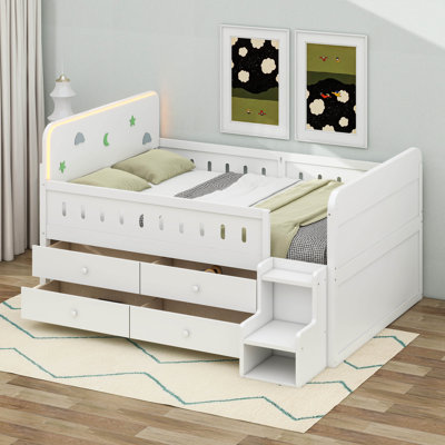Lit double en bois avec lumière DEL, tiroirs de rangement