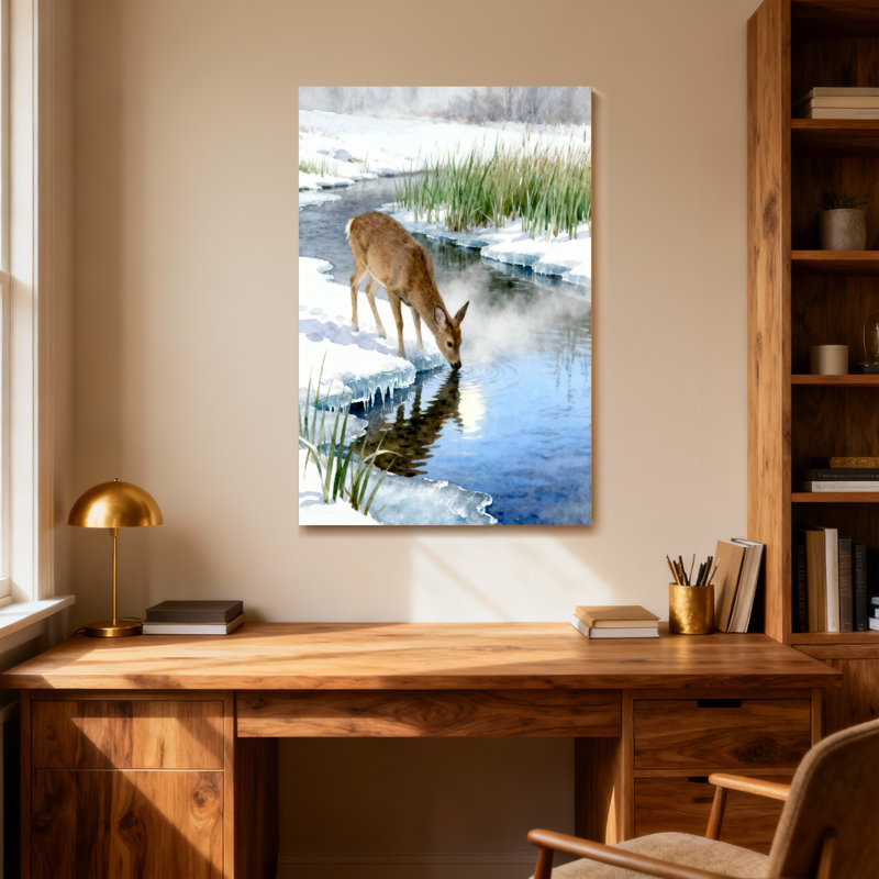Animals Deer Drinking Water In Winter Landscape