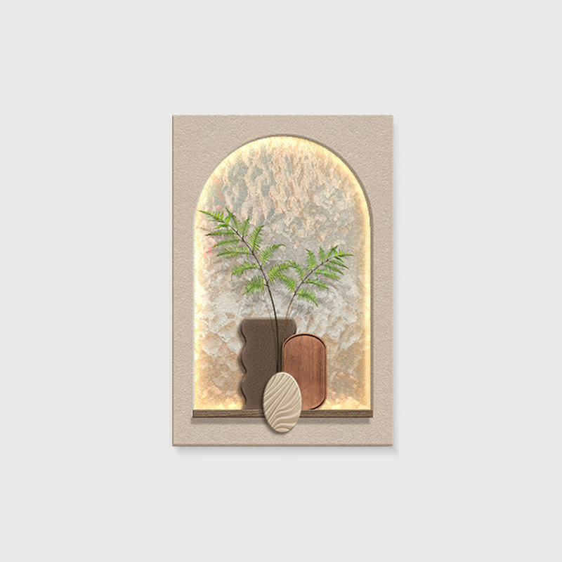 Peinture murale moderne moderne en relief en grès neutre avec lumière DEL chaude, peinture minimaliste de plante séchée pour salon