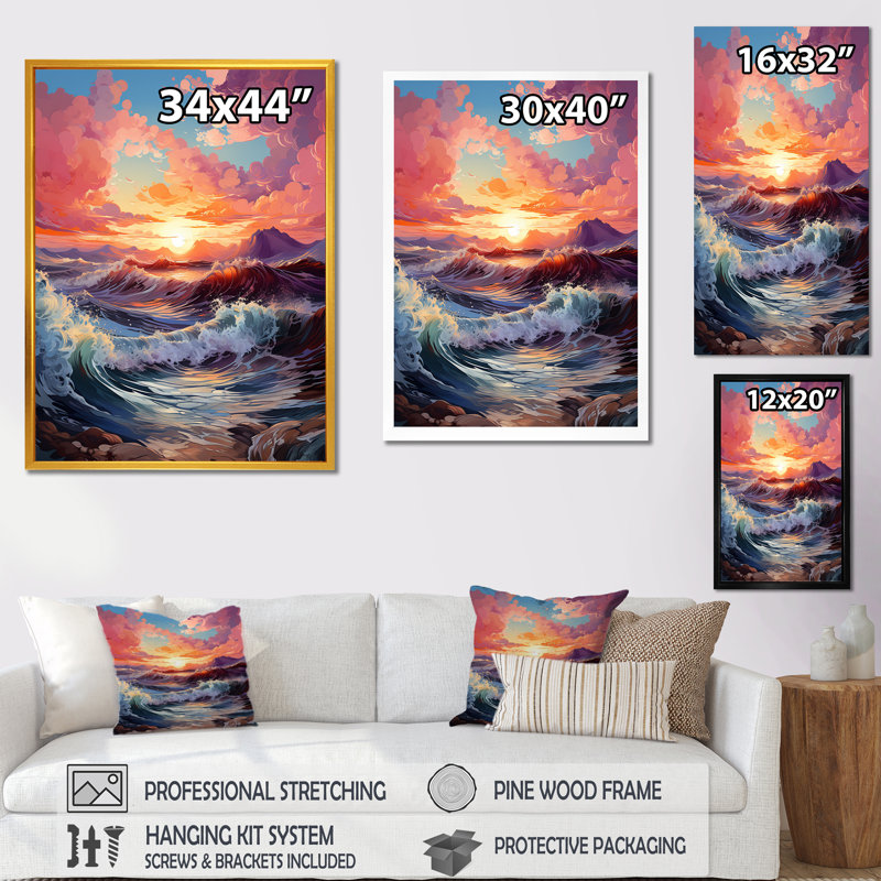 «Horizon's Embrace Photorealistic Sunset I - Sunset», art mural, Cadre simple noir, H 32 po x l 16 po x P 1 po