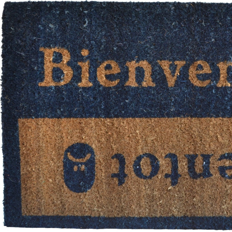 Tapis d'entrée brun et bleu en fibre de coco 18 po x 30 po Bienvenue Abientot