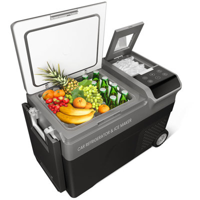 Réfrigérateur de voiture portable 40QT avec machine à glaçons, congélateur électrique 12V - 4 68 -68 ℉, chargeur AC / DC, roues pour le camping