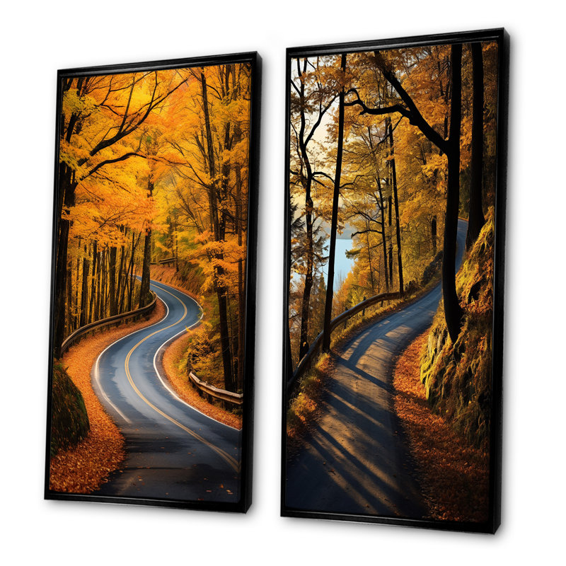 Passerelle Autumn Road Into The Forest I - ensemble de 2 décorations routières, Cadre flottant noir, H 32 po x l 33 po