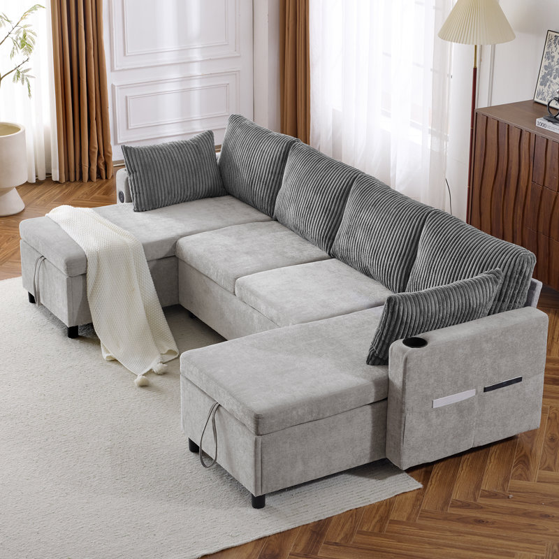 Canapé-lit modulaire gris moderne, revêtement en chenille avec rangement pour le salon