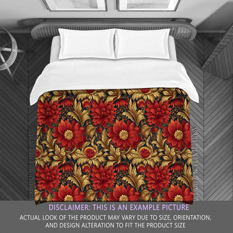 Machine Printed Comforter, King Comforter, Gold/Red Floral