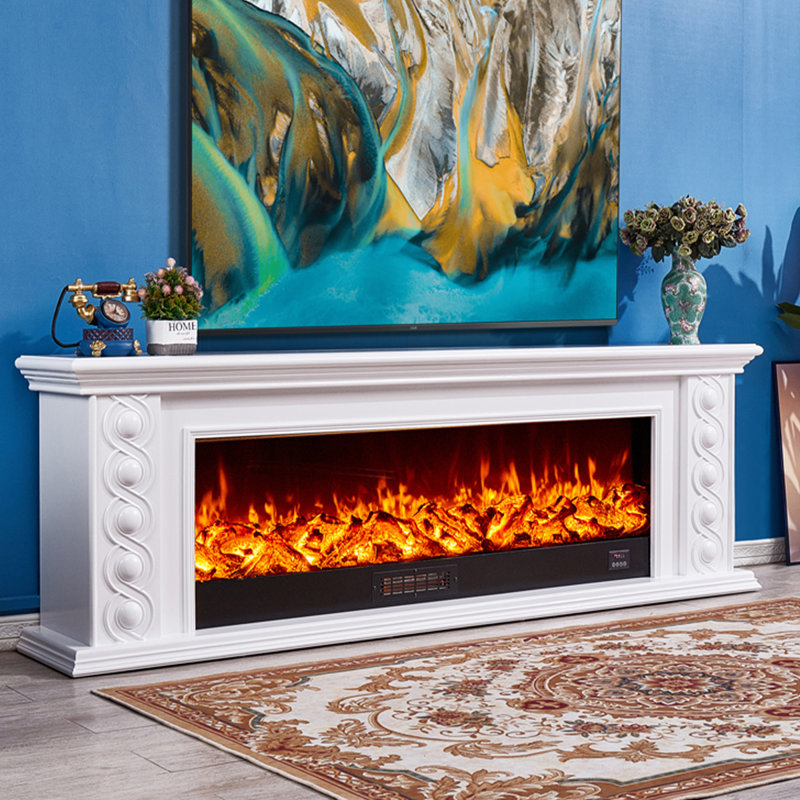 78.74"White Solid Wood Simulated Flame TV Cabinet Heating Electric Fireplace, White