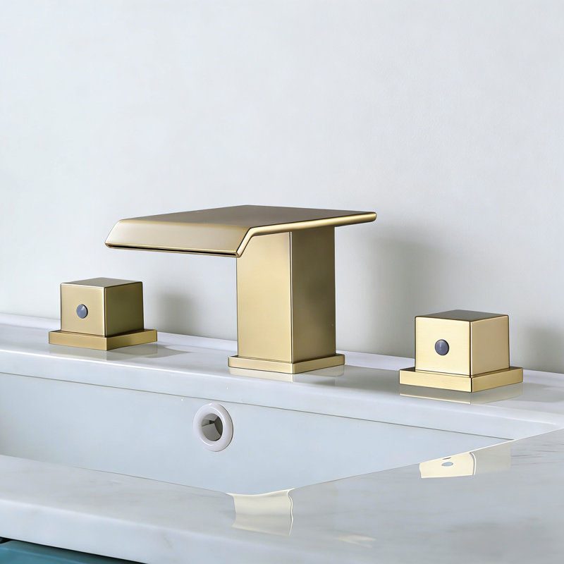 Solid Brass Two Handle Waterfall Widespread Bathroom Sink Faucet with Drain Assembly , Brushed Gold, Drain Assembly Included
