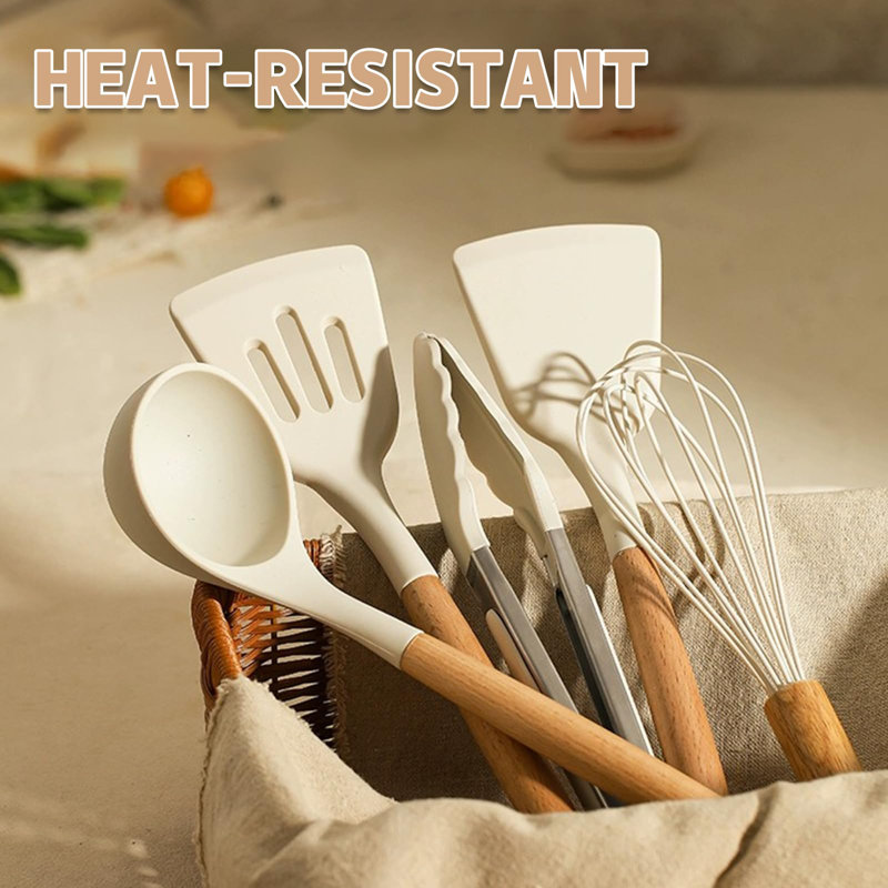 Cream White 33-Piece Silicone and Wood Cooking Utensil Set